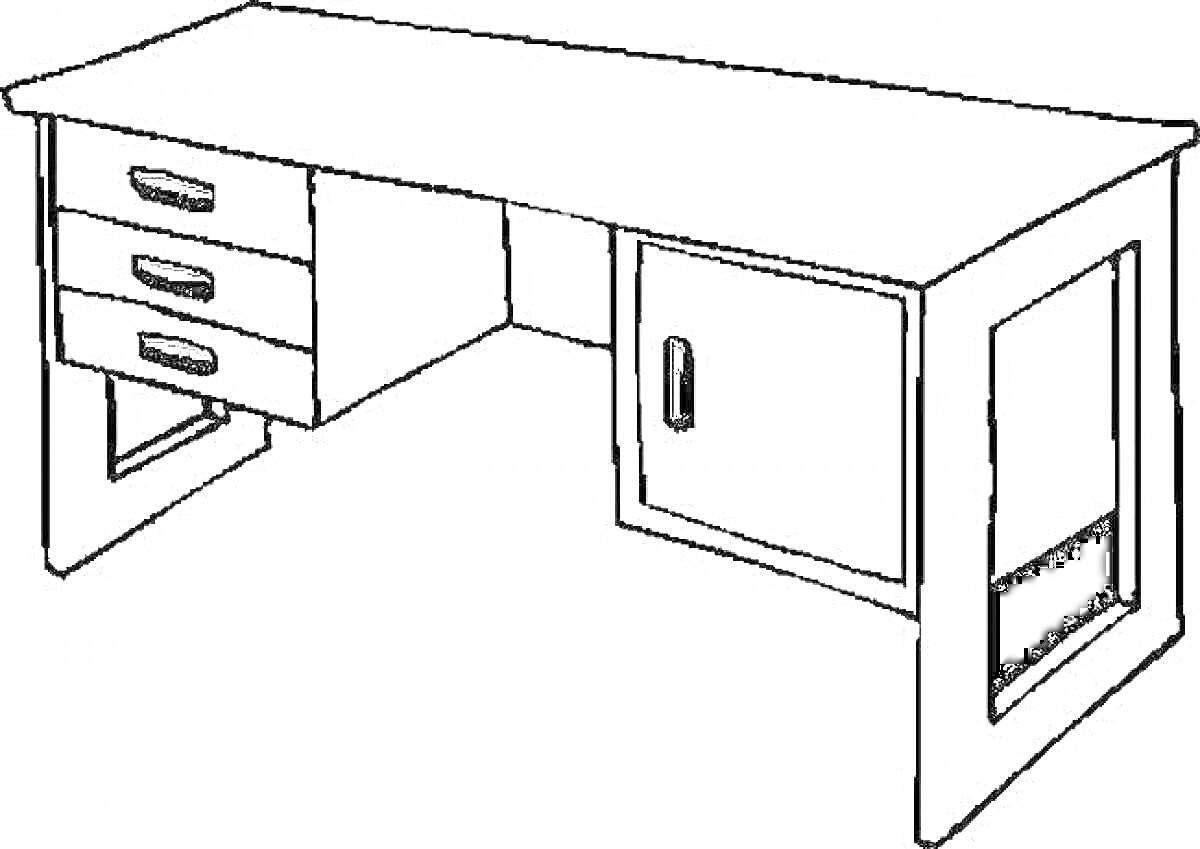 Раскраска Письменный стол с тремя ящиками и одной дверцей
