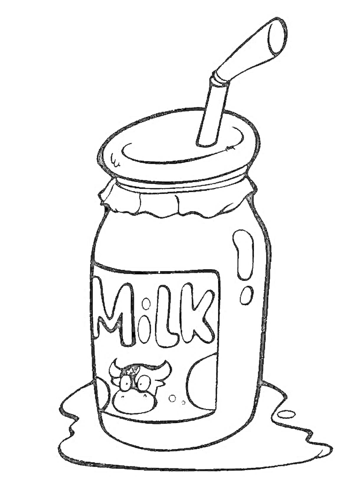 На раскраске изображено: Молоко, Банка, Корова, Напиток, Жидкость