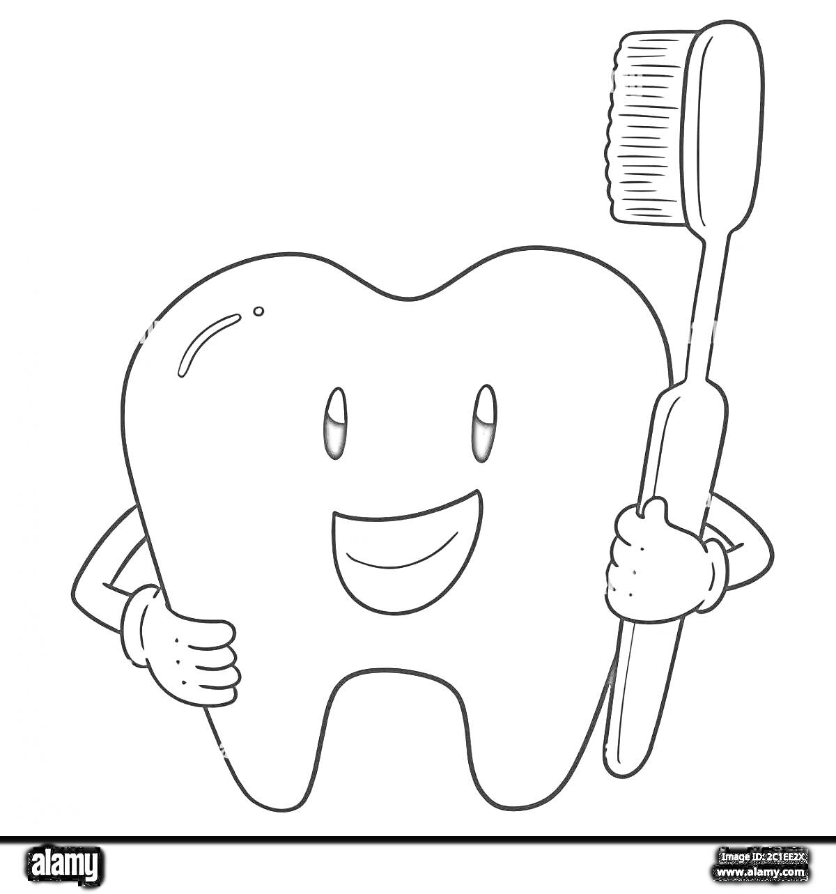 Раскраска Зуб с глазами и руками, держащий зубную щетку