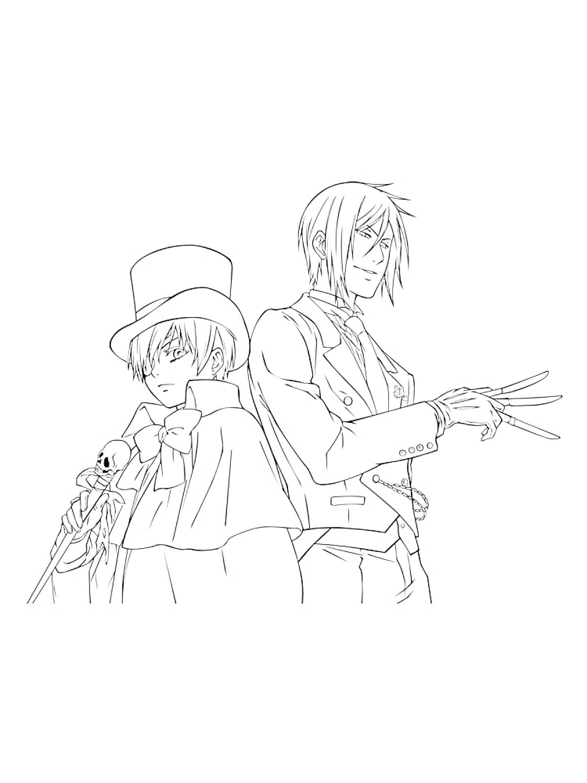 Раскраска Два персонажа из Тёмного дворецкого, один в цилиндре с тростью, другой с длинными когтями на руках