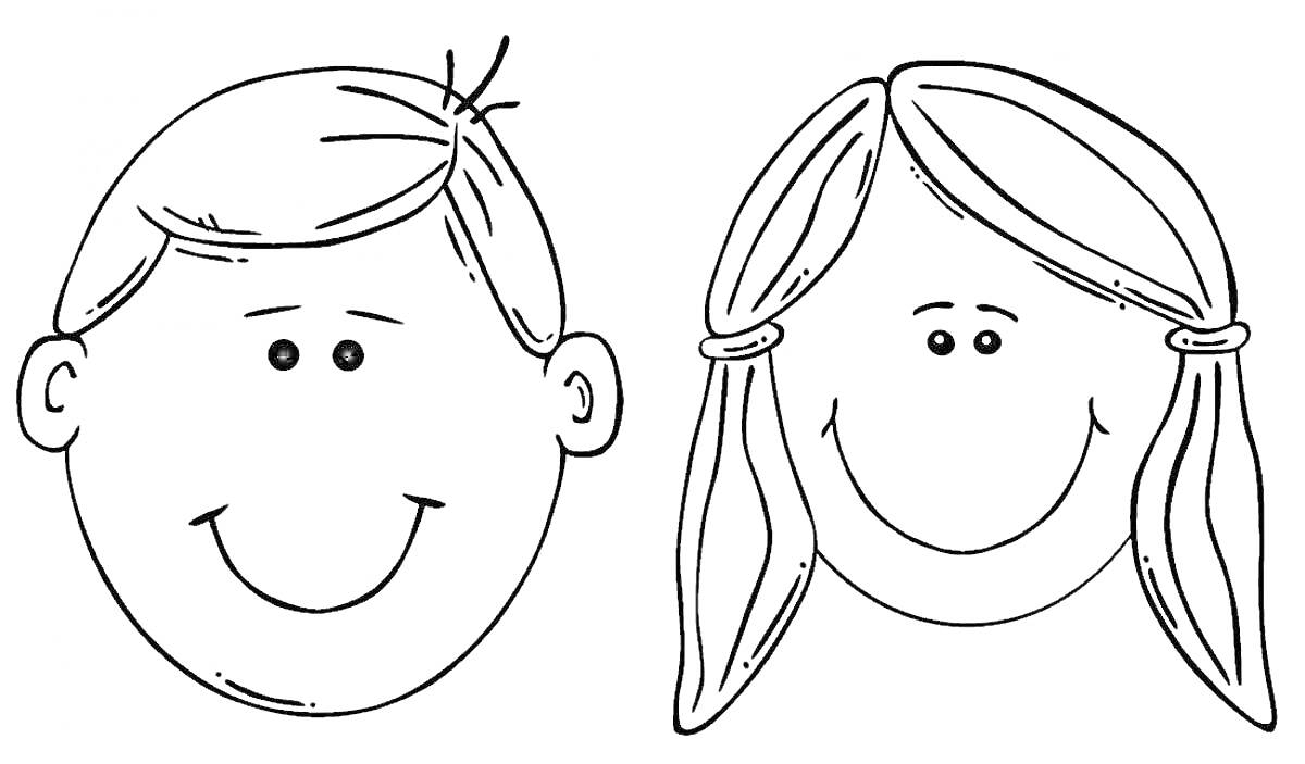 Раскраска Лица мальчика и девочки с улыбками, мальчик с короткими волосами и торчащим локоном, девочка с длинными волосами и хвостиками