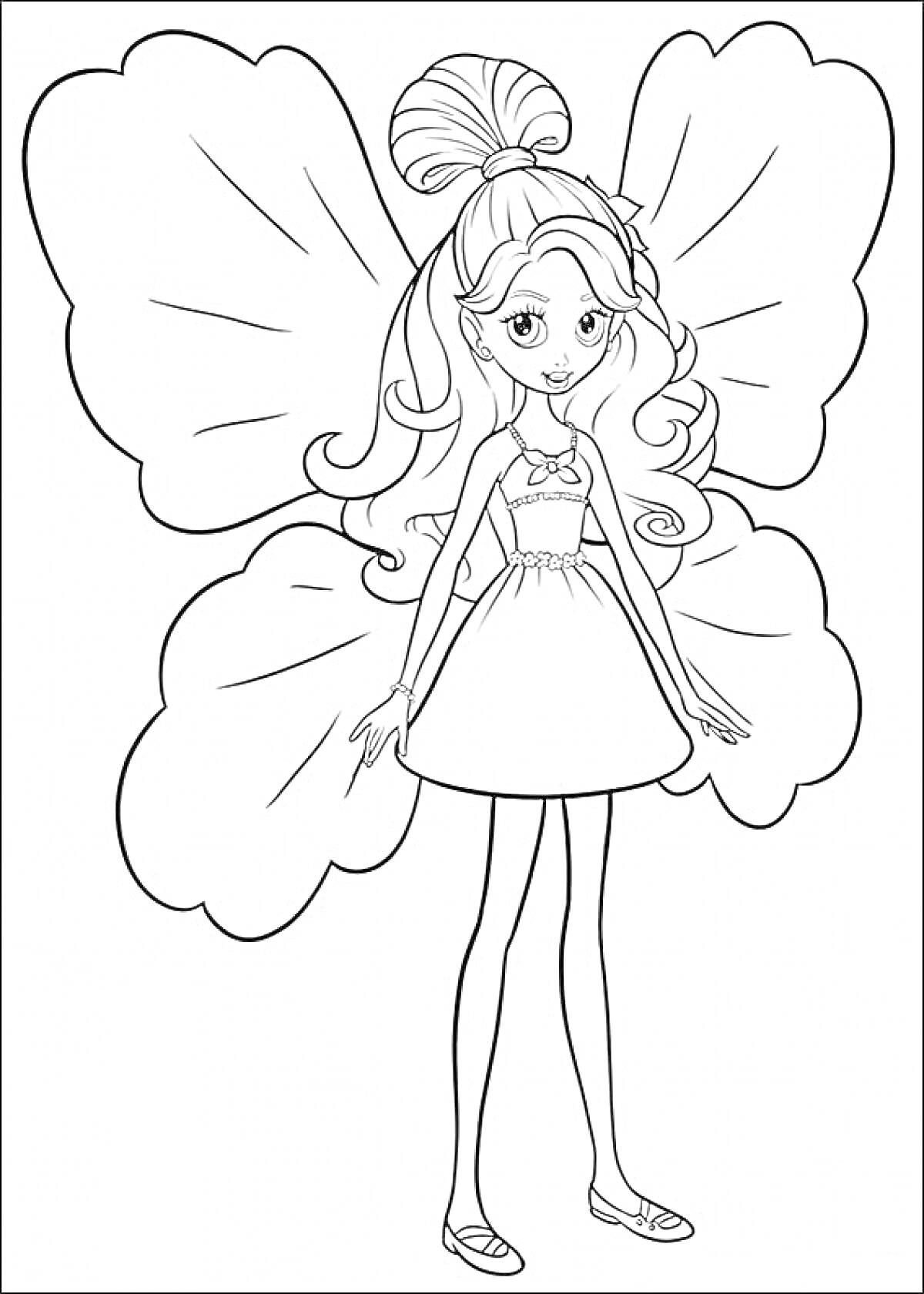 Раскраска Барби Дюймовочка с большими крыльями и бантом на голове