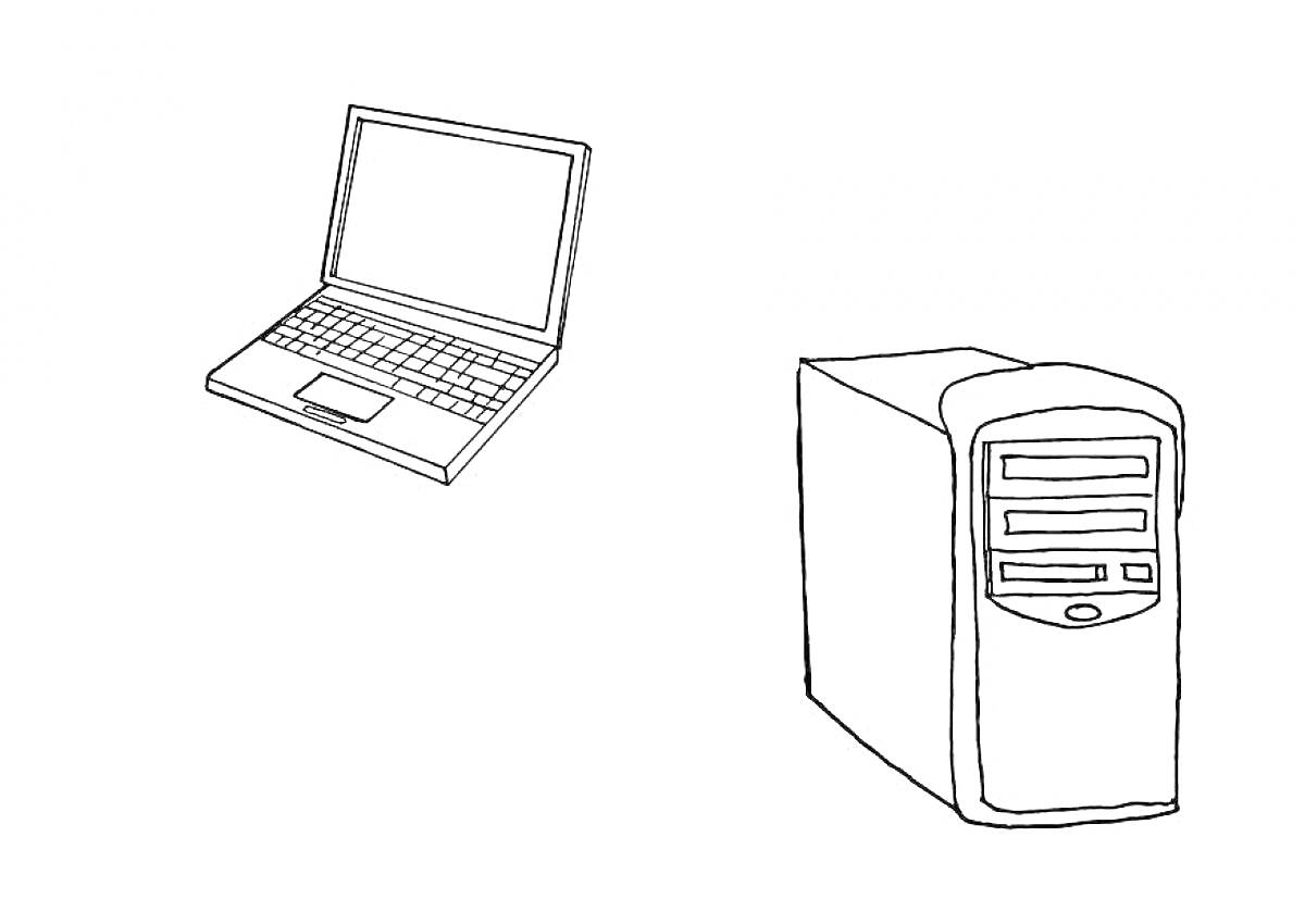 Раскраска Раскраска с ноутбуком и системным блоком