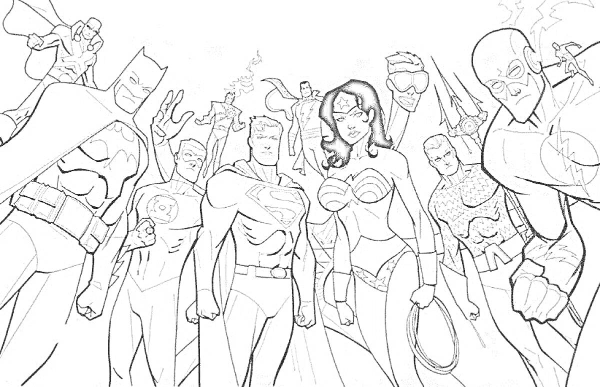 Раскраска команда супергероев в полный рост на фоне, лица детализированы, каждый в своем костюме, элементы как плащи, маски, символы на груди, лента, и руки с различными жестами