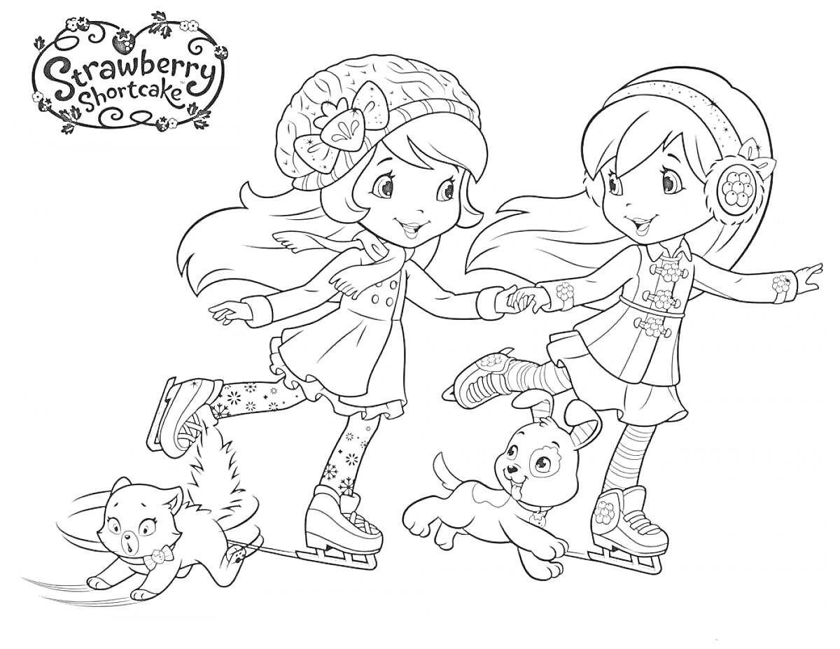 Раскраска Две девочки в зимней одежде катаются на коньках с двумя животными