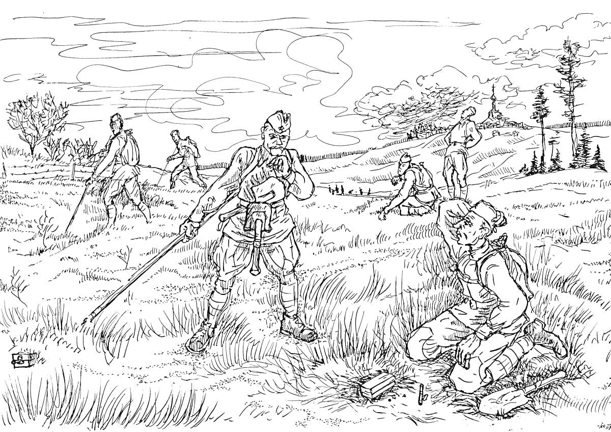 Раскраска Солдаты на поле боя с оружием, враги при атаке, один солдат ранен