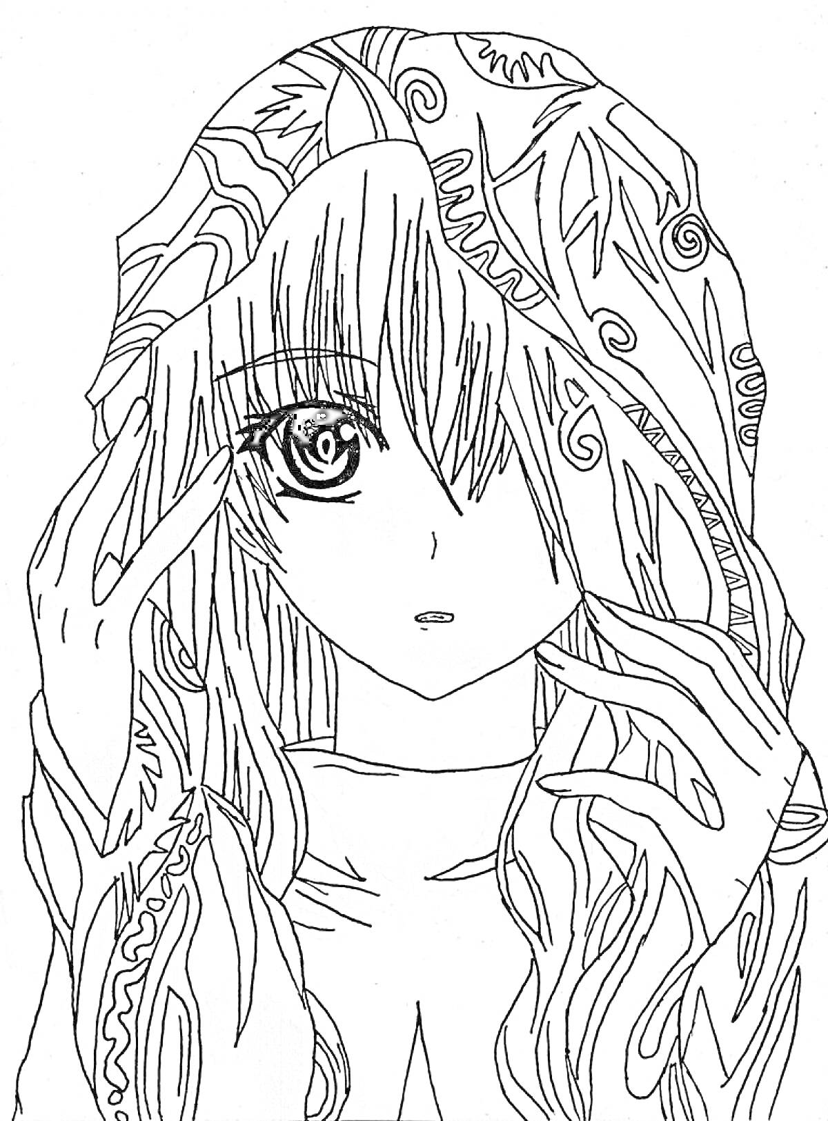 Девушка аниме с закрытым рукой глазом и длинными волосами в капюшоне с узорами