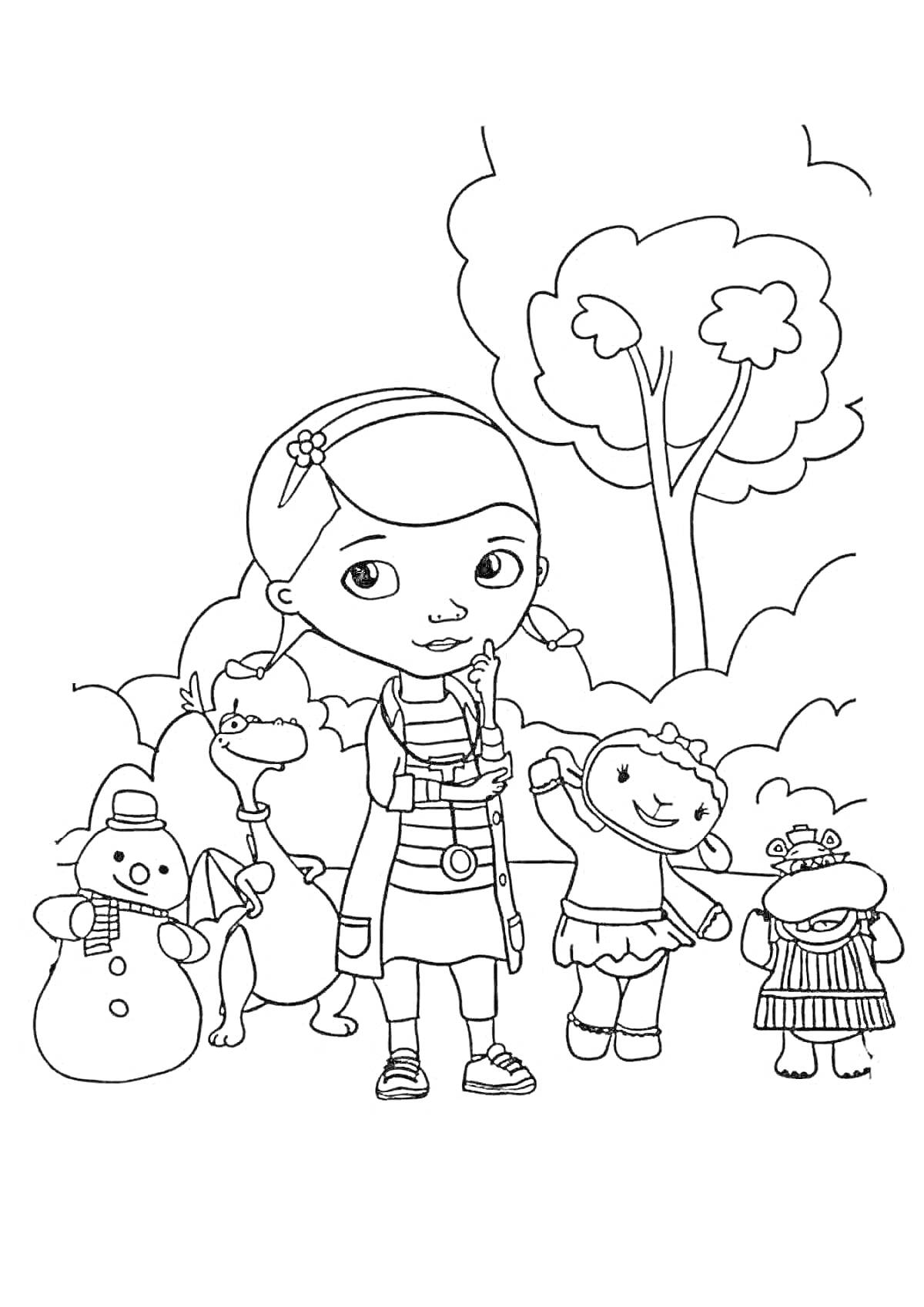 На раскраске изображено: Доктор Плюшева, Друзья, Деревья, Облака, Игрушки