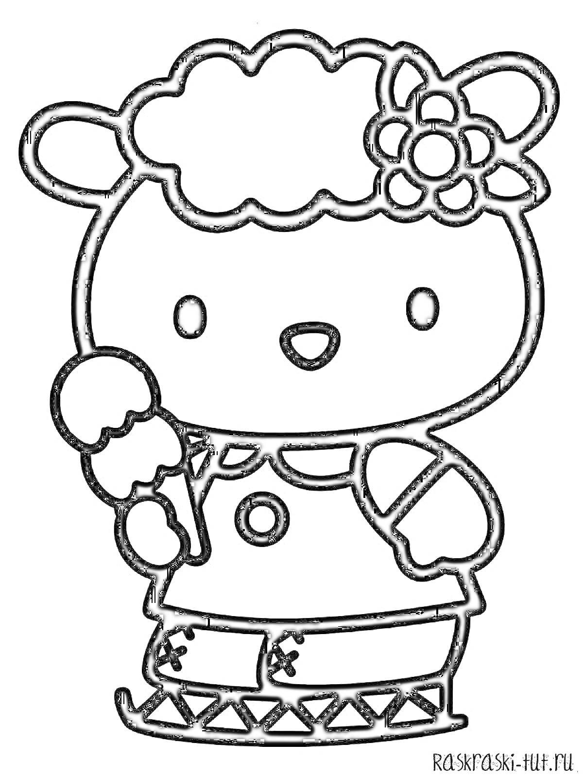 Раскраска Скетч персонажа Хелло Китти с мороженым, одетого в штанишки с декоративной окантовкой и цветком на голове