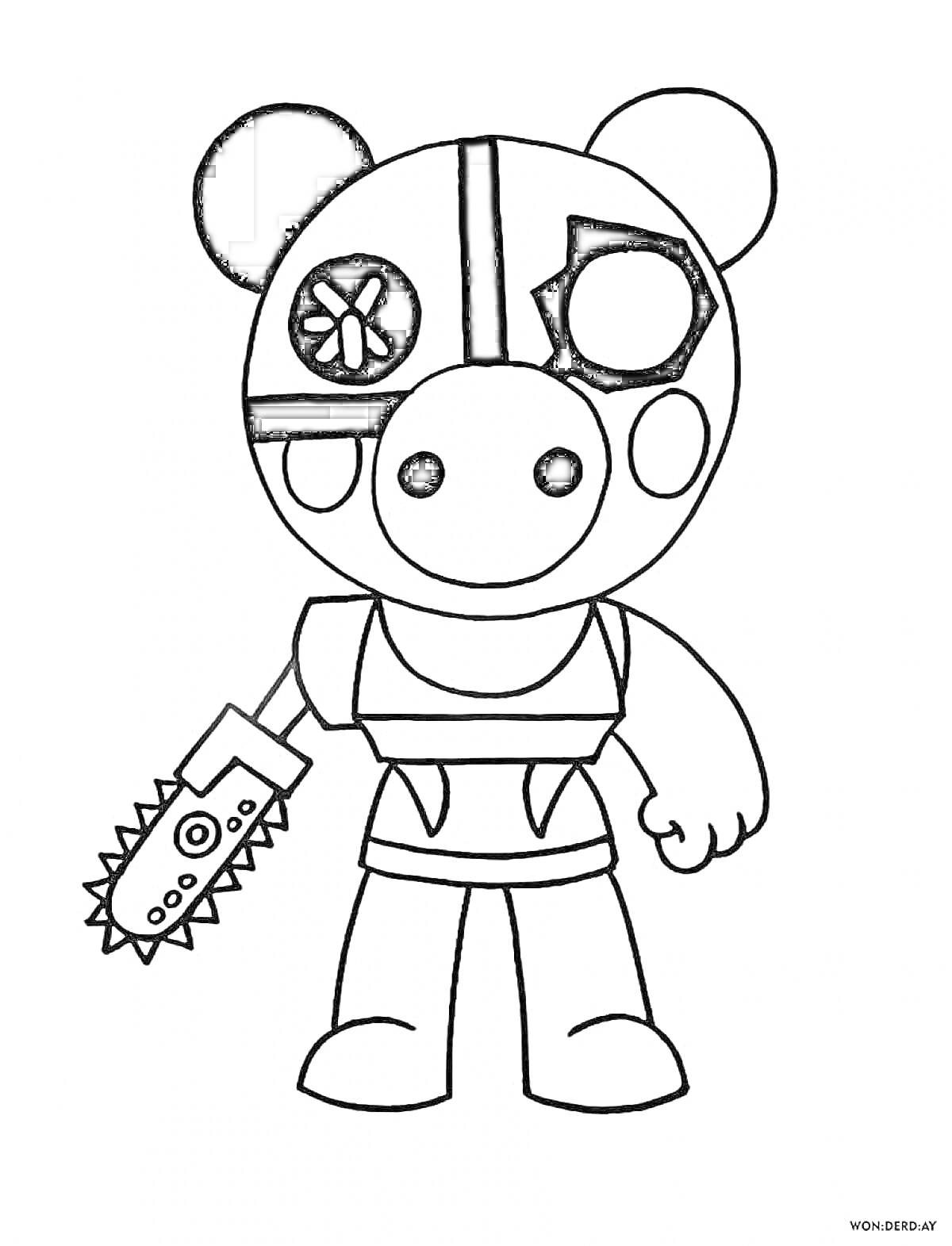 Раскраска персонаж из Roblox с бензопилой, с одним черным ухом, с кругами на лице и в маске