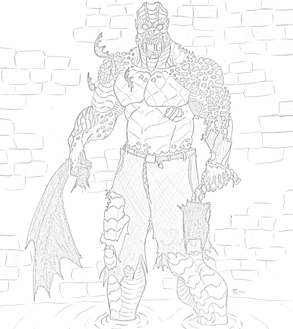 Человек-мутант в грязной одежде с темным крылом на фоне кирпичной стены