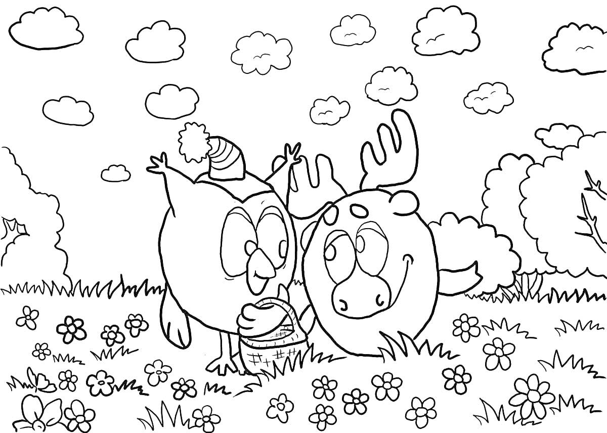 Раскраска два смешарика-сова и лось на поляне, облака, трава, цветы