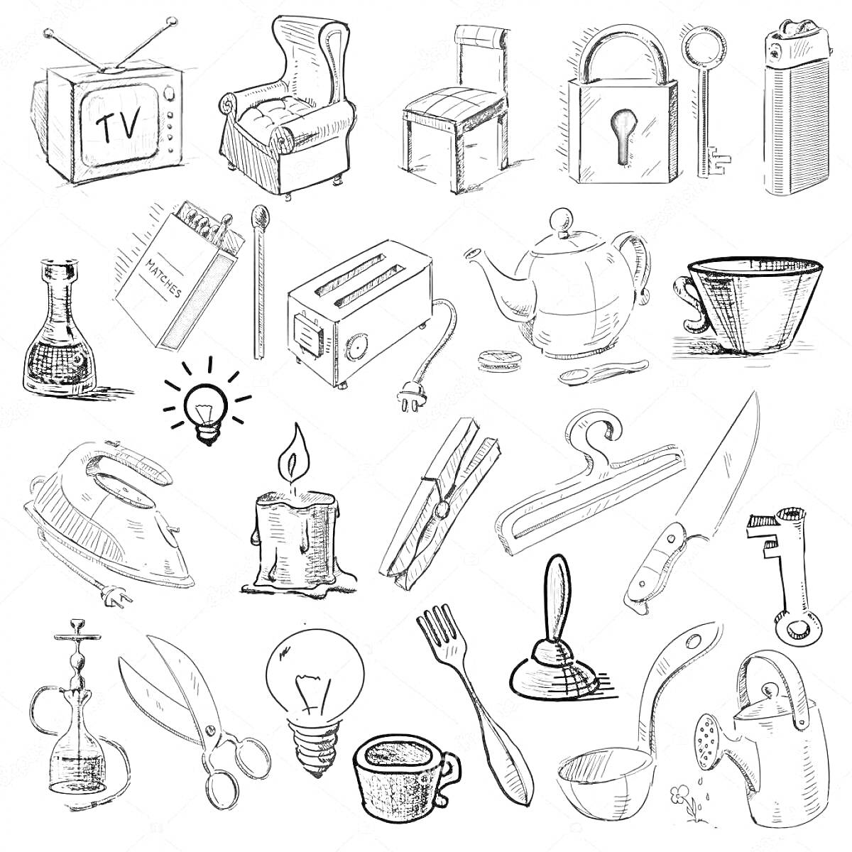 Домашние опасности: телевизор, кресло, стул, замок с ключом, зажигалка, бутылка с жидкостью, блокнот, тостер, чайник, чашка, утюг, лампа, свеча, прищепка, вешалка, нож, ножницы, лампочка, чашка с ложкой, электрическая вилка, распылитель, чашка, клей, вилк