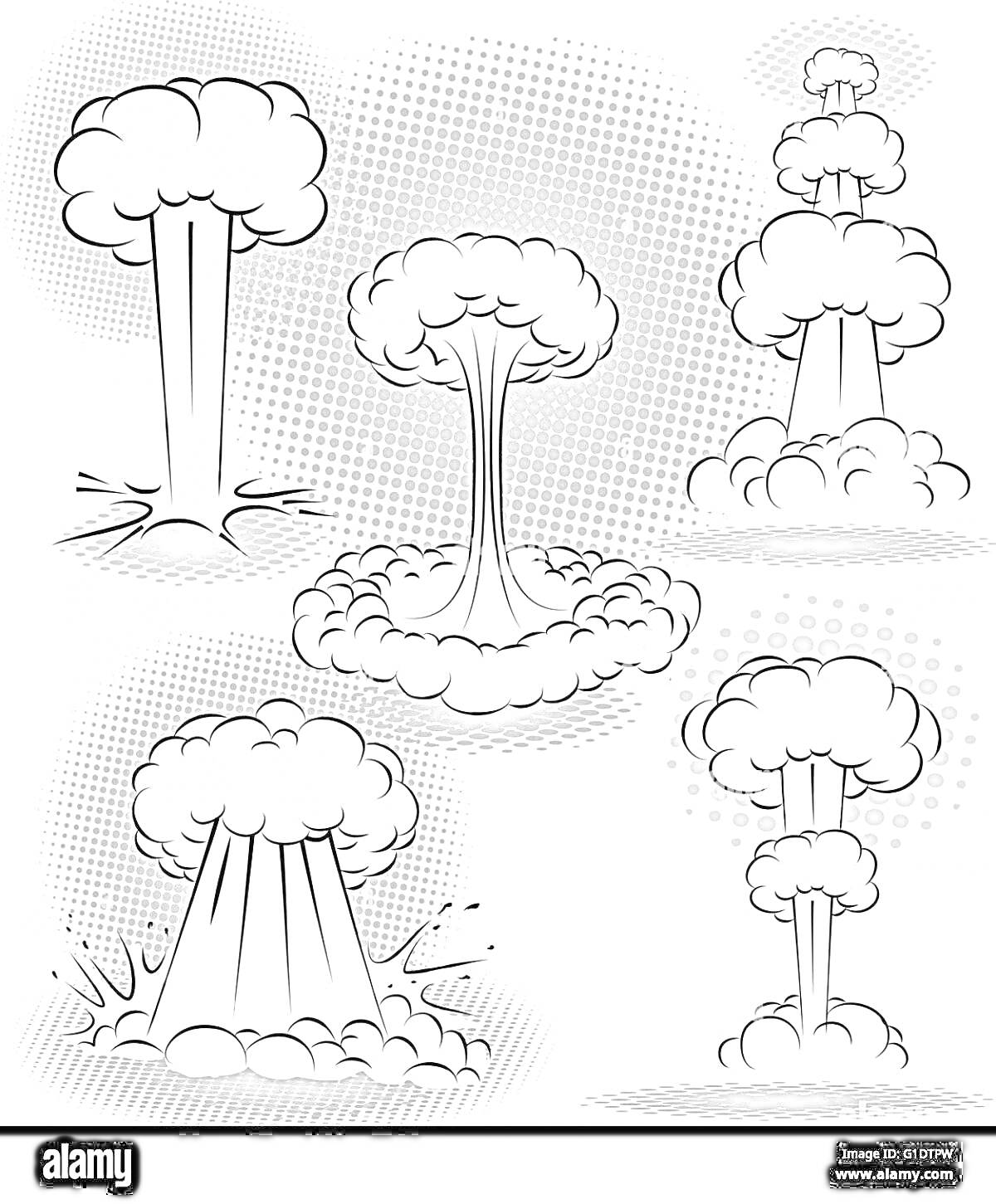 Раскраска Иллюстрации атомных взрывов: высокие грибовидные облака, облачно-ядерные взрывы, ядерный гриб