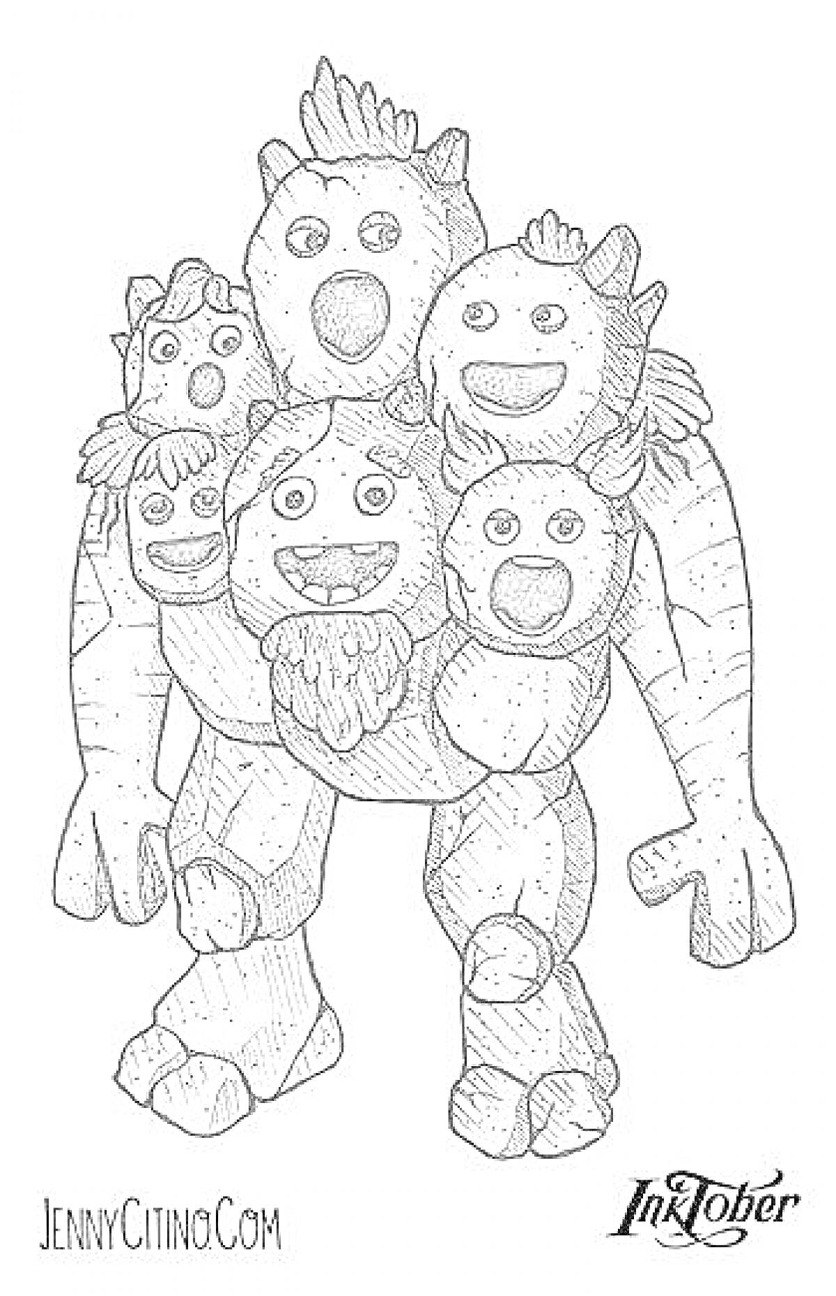 Раскраска Монстр из игры My Singing Monsters с шестью головами и четырьмя руками в грозной позе