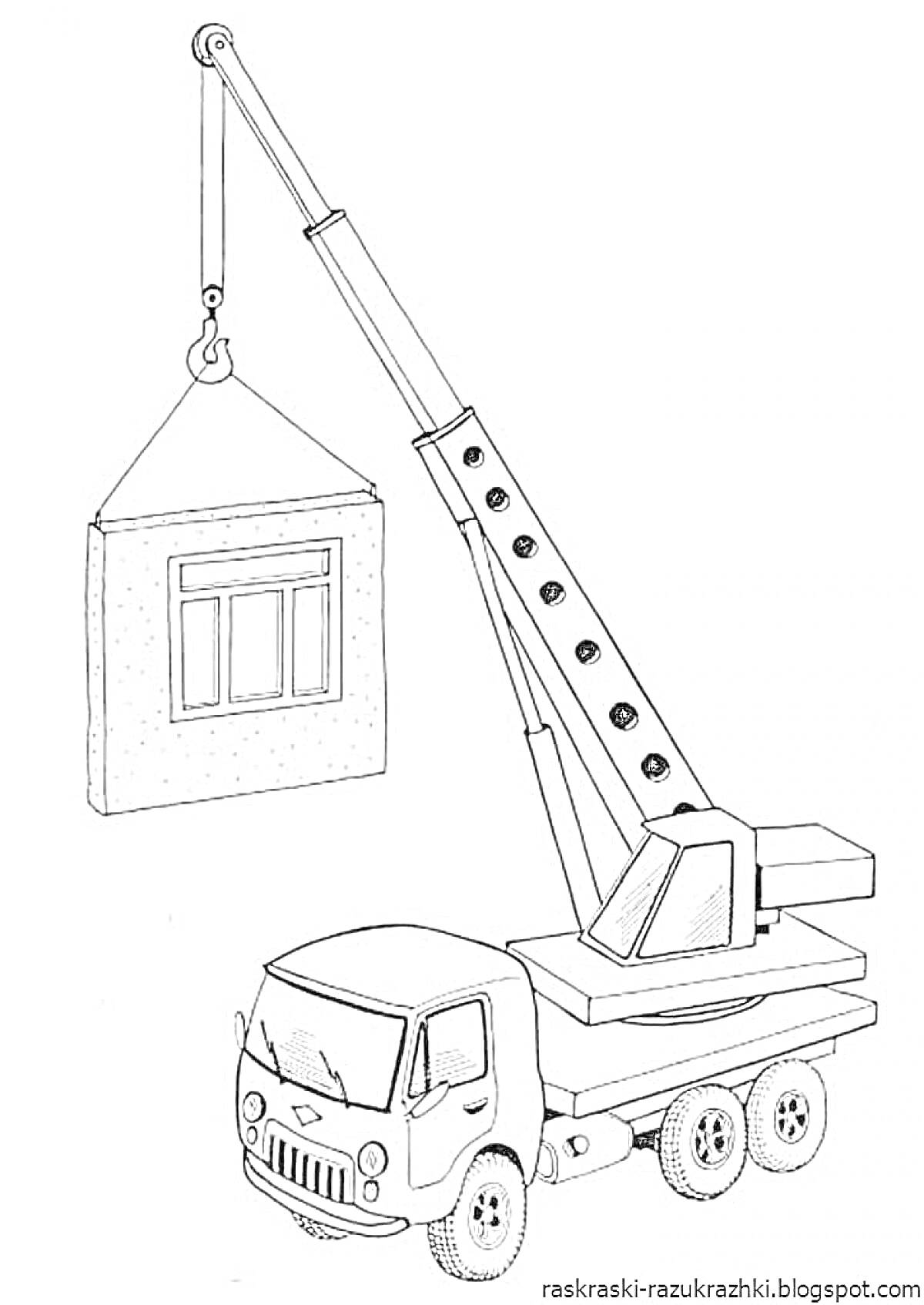 На раскраске изображено: Подъемный кран, Строительная техника, Стена, Крюк, Окна, Грузовая машина, Строительство