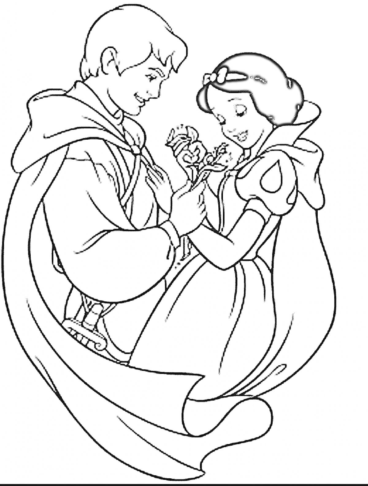 На раскраске изображено: Белоснежка, Принц, Цветы, Из сказок, Любовь, Принцесса, Романтика