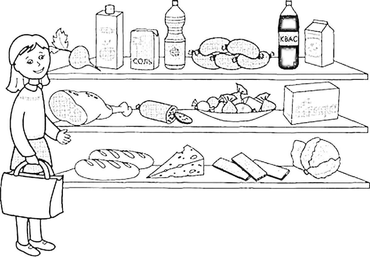 На раскраске изображено: Полки, Продукты, Хлеб, Сыр, Колбаса, Консервы, Упаковка, Корзина, Напиток, Девочка