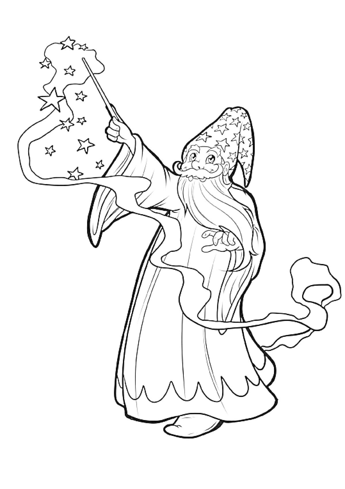 Раскраска Волшебник с длинной бородой, в остроконечной шляпе с узорами, держащий волшебную палочку, из которой вылетают звёзды и ленты