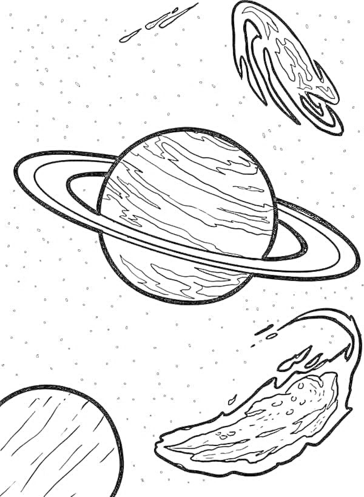 На раскраске изображено: Сатурн, Космос, Метеориты, Астероиды, Звезды