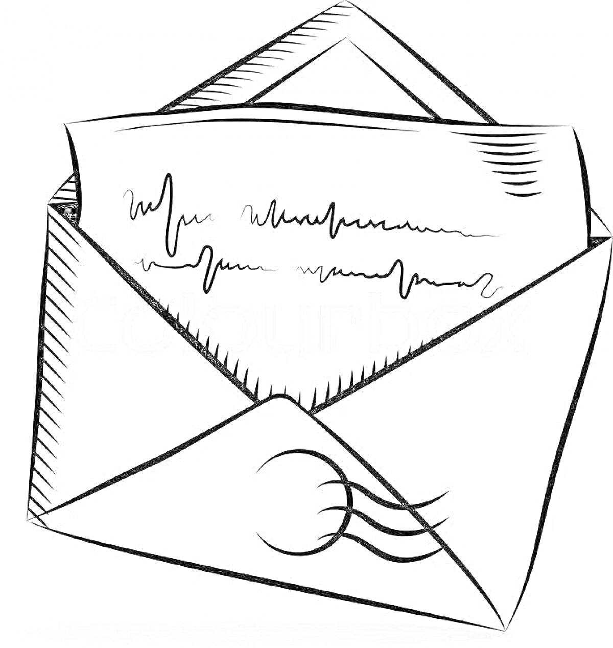 Конверт с письмом внутри, нарисованный в виде черно-белой раскраски