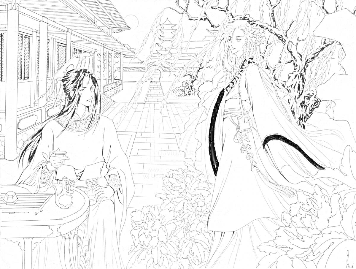 Раскраска Традиционный азиатский сад с двумя людьми в кимоно, чайным столом и цветущими деревьями