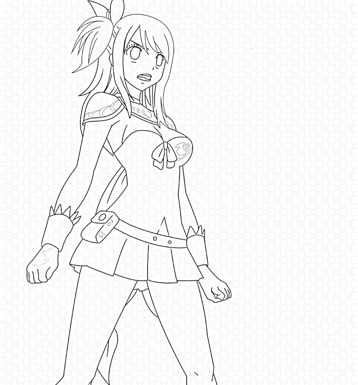 Раскраска Девушка в аниме-стиле в полуоборотовой стойке, с хвостиком, в костюме с бантом на груди и поясом с сумкой на бедре