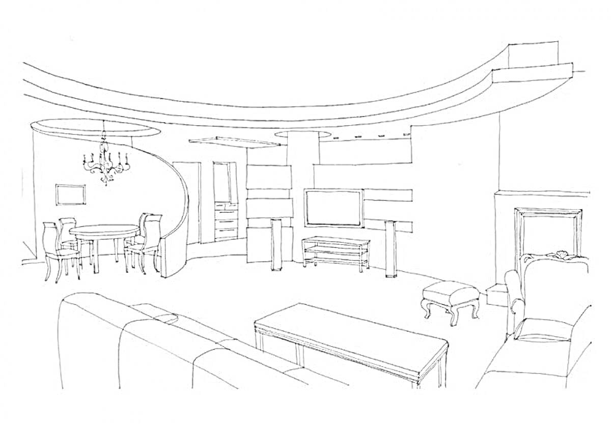 Раскраска Зал с диваном, креслом, журнальным столиком, телевизором, камином, обеденным столом и стульями, люстрой