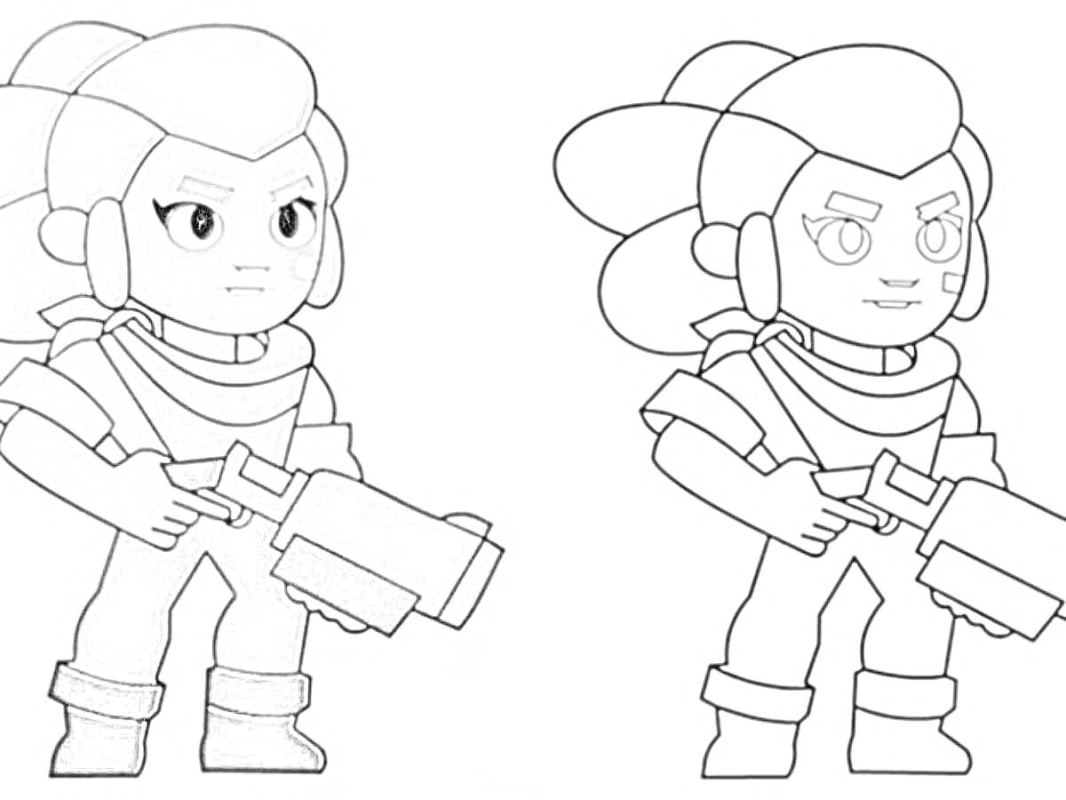 Раскраска Девушка с пушистыми волосами, держащая оружие, в шарфе и ботинках
