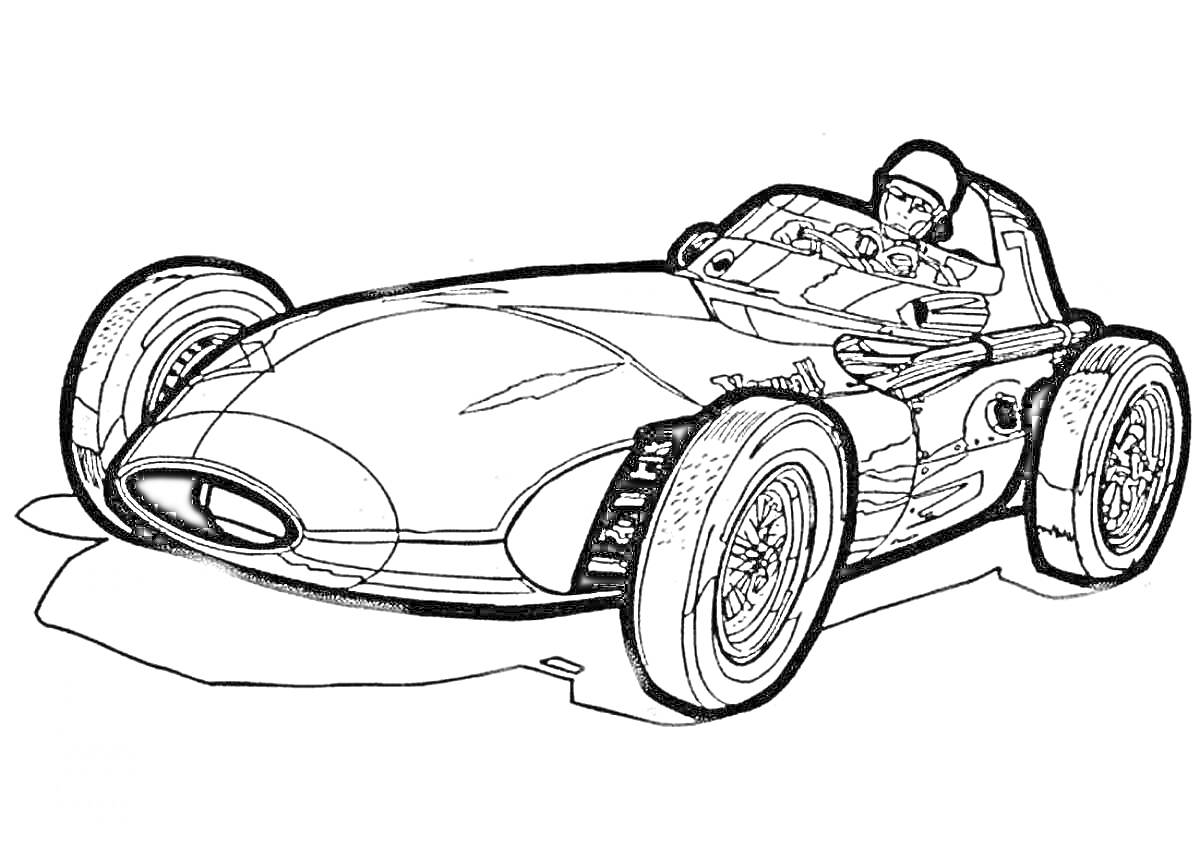 Раскраска Гоночная машина с водителем, вид спереди-сбоку, гоночный шлем, большие колеса