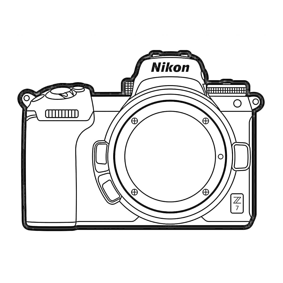 Раскраска Рисунок цифрового фотоаппарата Nikon Z7 без объектива, вид спереди