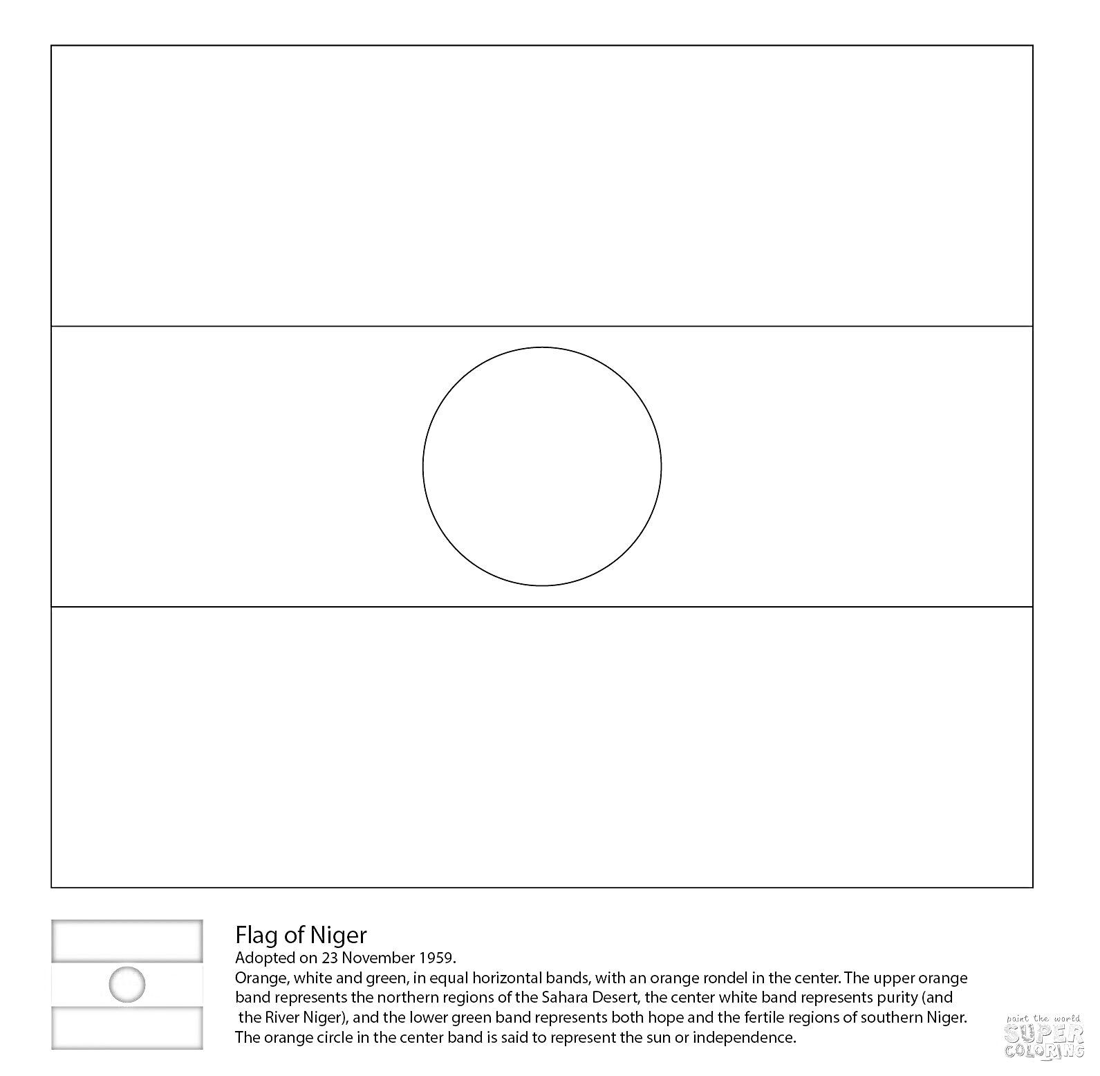 Раскраска флаг нигера с горизонтальными полосами и кругом в центре