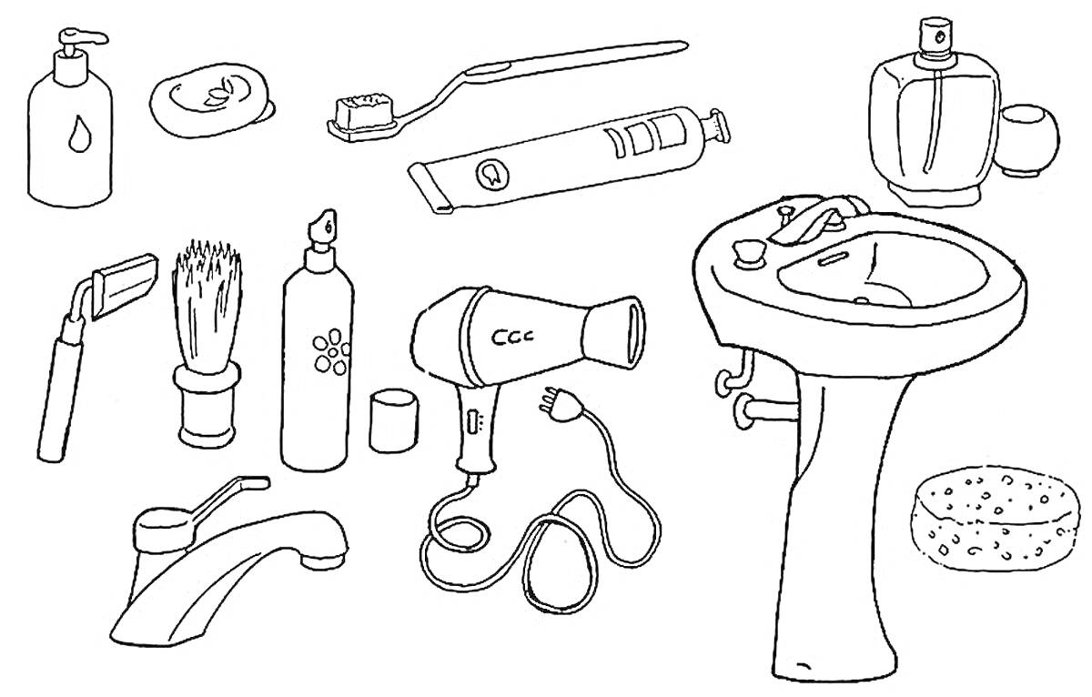 На раскраске изображено: Раковина, Фен, Стакан, Зубная щетка, Зубная паста, Мыло, Лезвие, Крем, Кран, Губка, Емкость