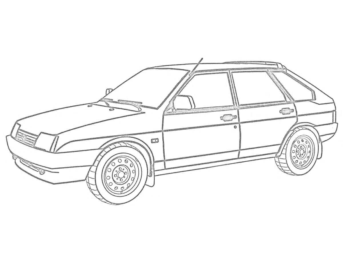 На раскраске изображено: Хэтчбек, Российский автомобиль, Колёса, Кузов, Стекла, Транспорт, Авто