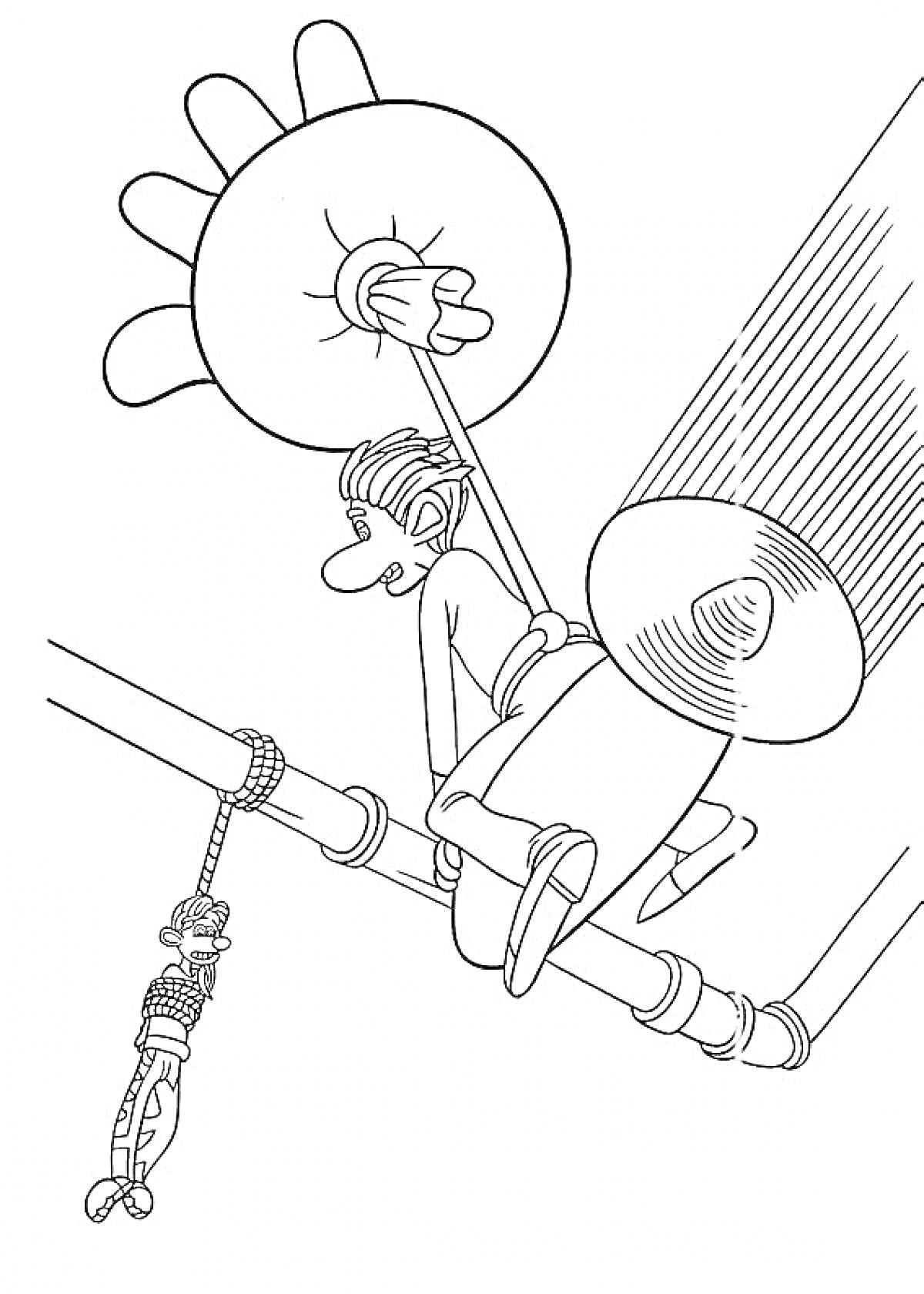 Раскраска Мужчина-герой в комбинезоне, держится за моток веревки в виде руки, лазает по трубам, мышь на цепочке внизу