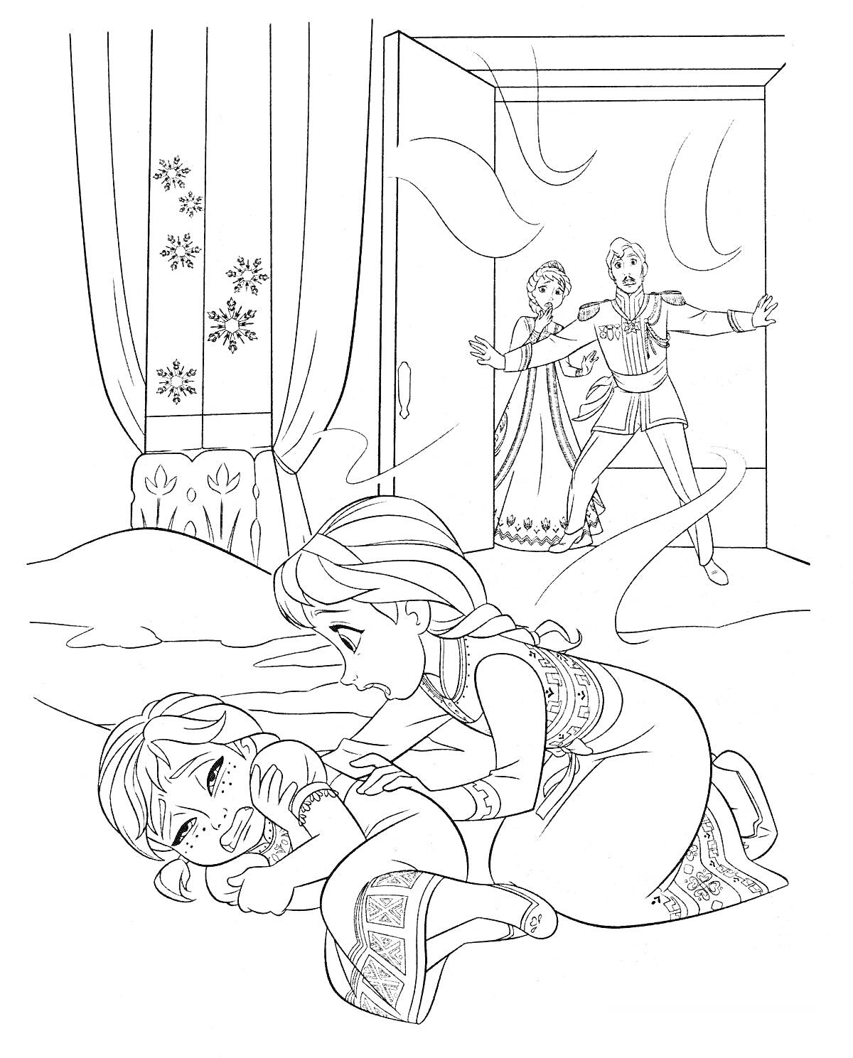Раскраска Девочка на полу, другая девочка склонилась над ней, мужчина и женщина в дверях, декорации со снежинками