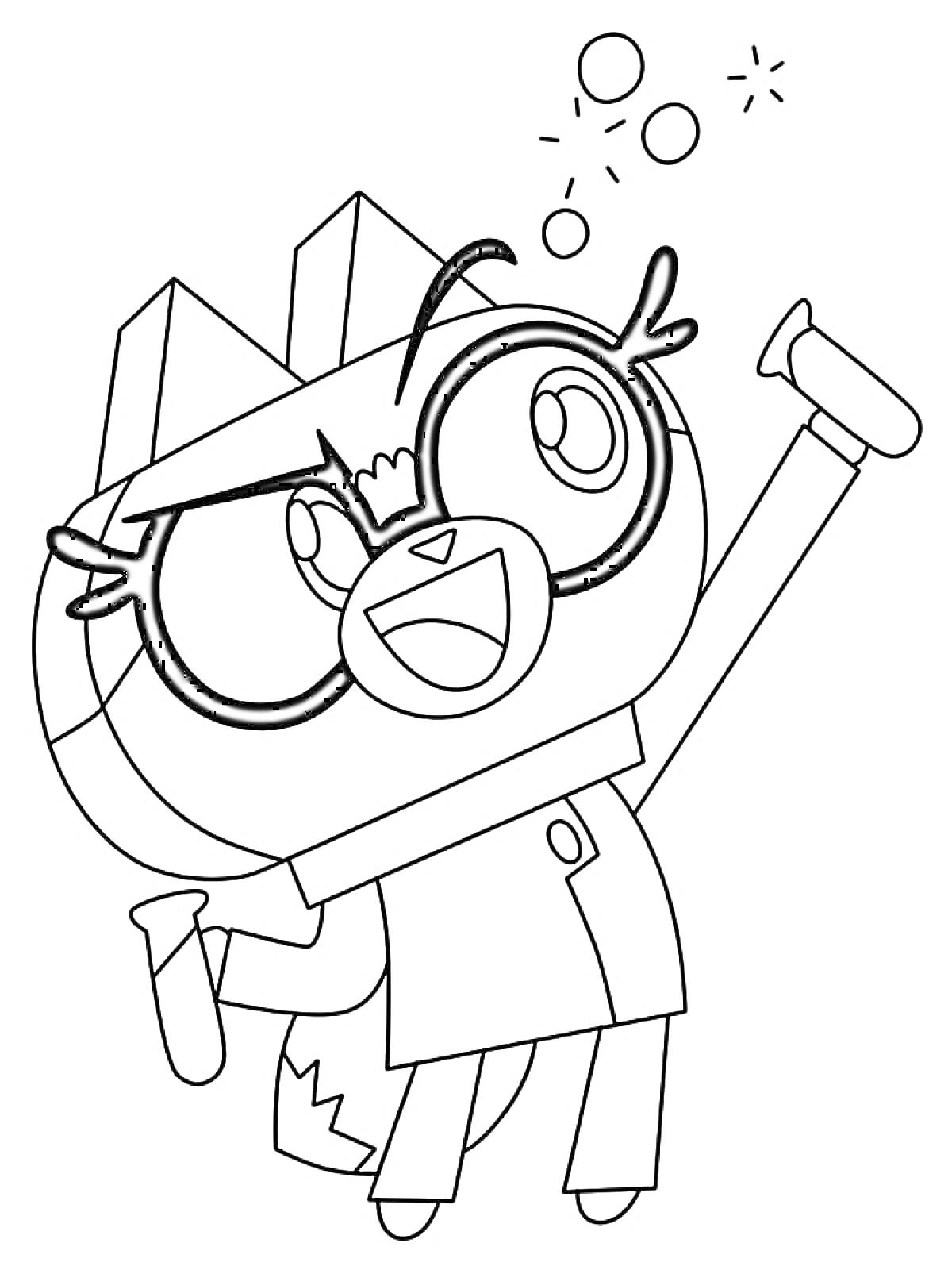 Юникитти в лабораторном халате с очками, держащая две пробирки, с пузырьками над головой
