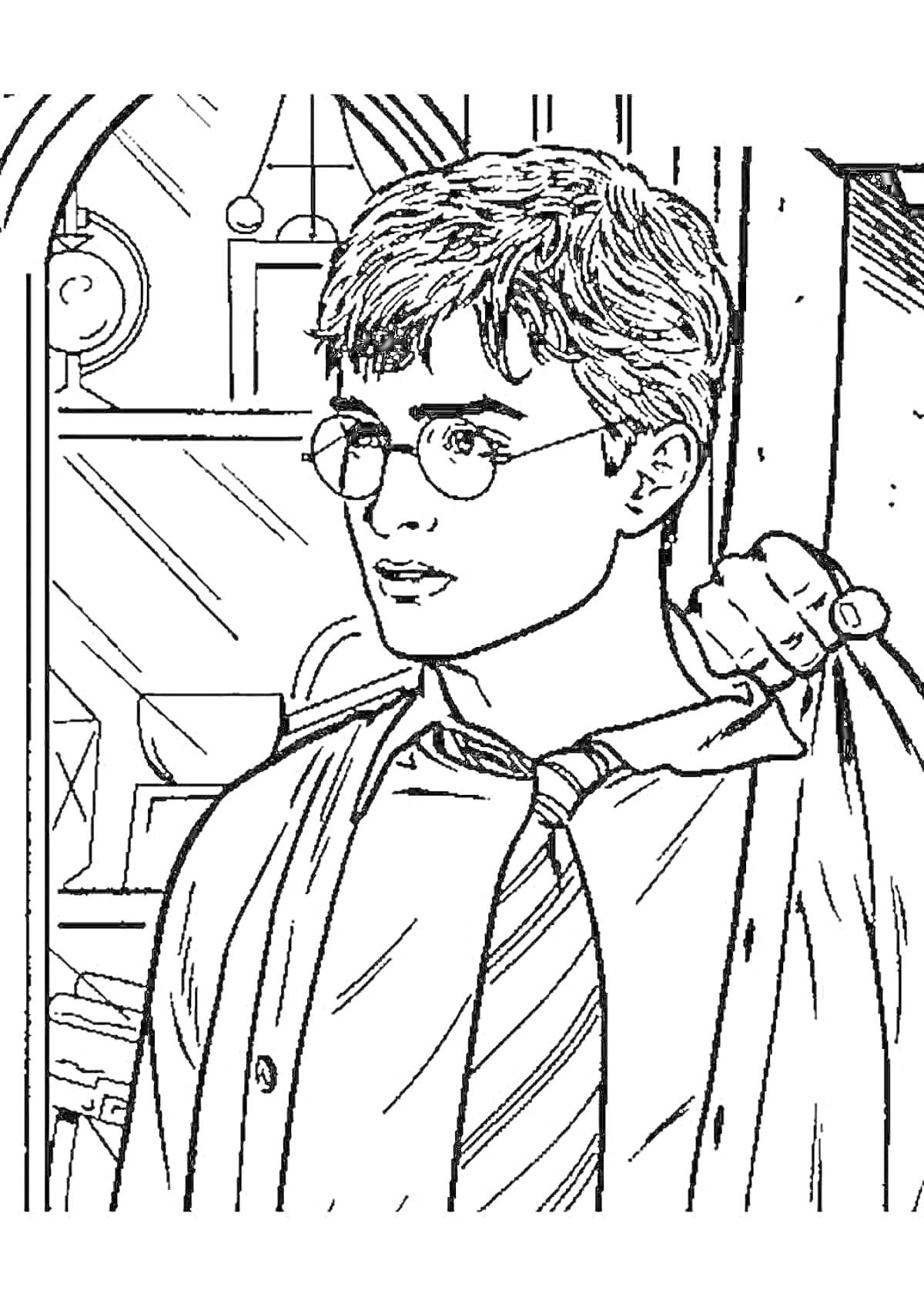 Раскраска Гаррипоттер в очках и галстуке, на фоне арочного окна и полки с часами и свитками