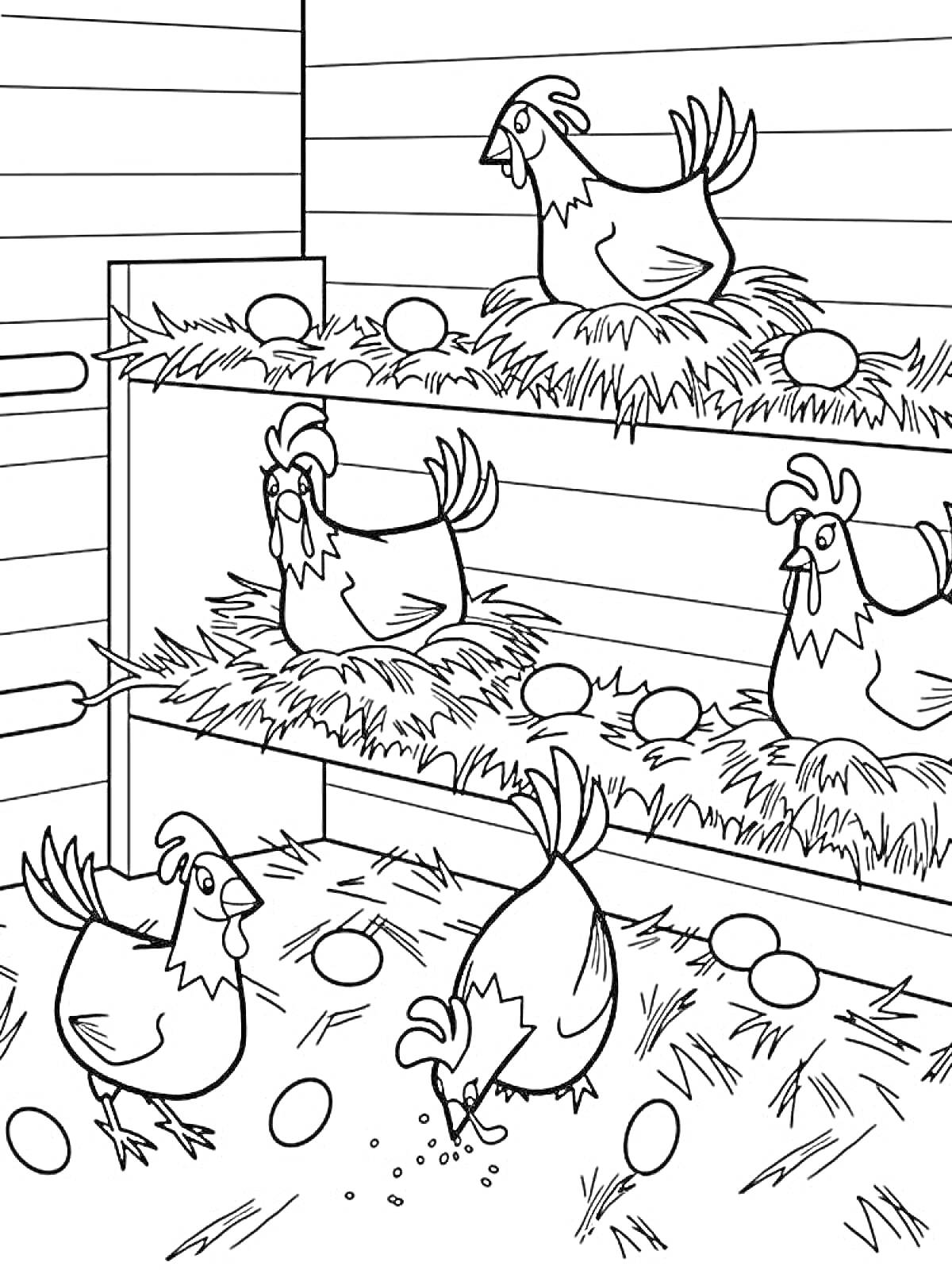 На раскраске изображено: Яйца, Курятник, Сено, Домашние животные, Для детей, Птица, Курицы