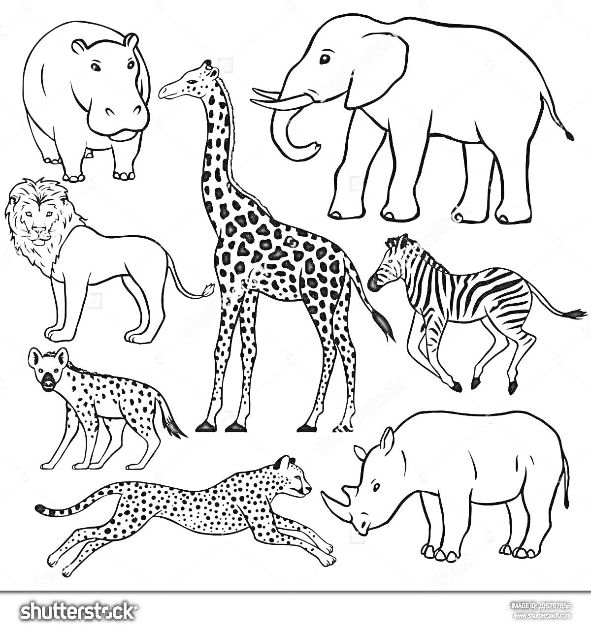 На раскраске изображено: Саванна, Животные, Бегемот, Слон, Лев, Гиена, Носорог, Гепард