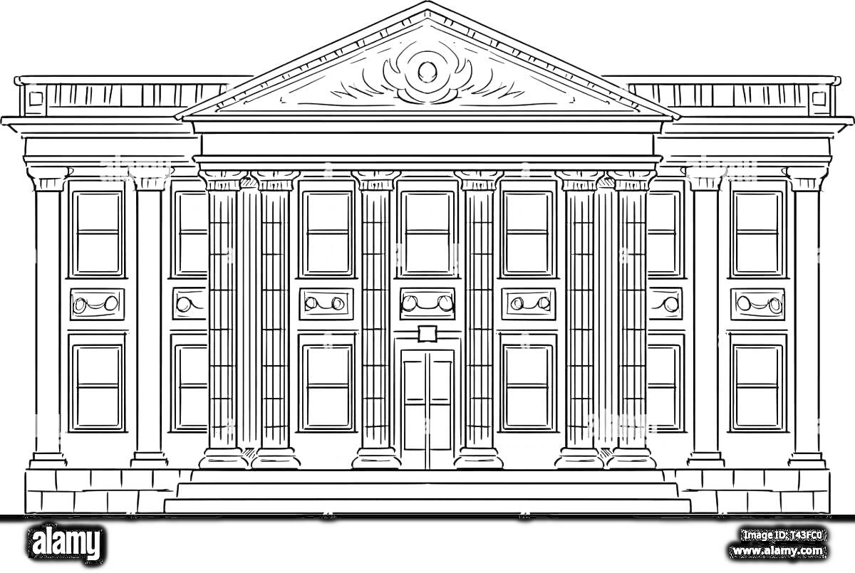 Раскраска Фасад классического банка с колоннами и окнами