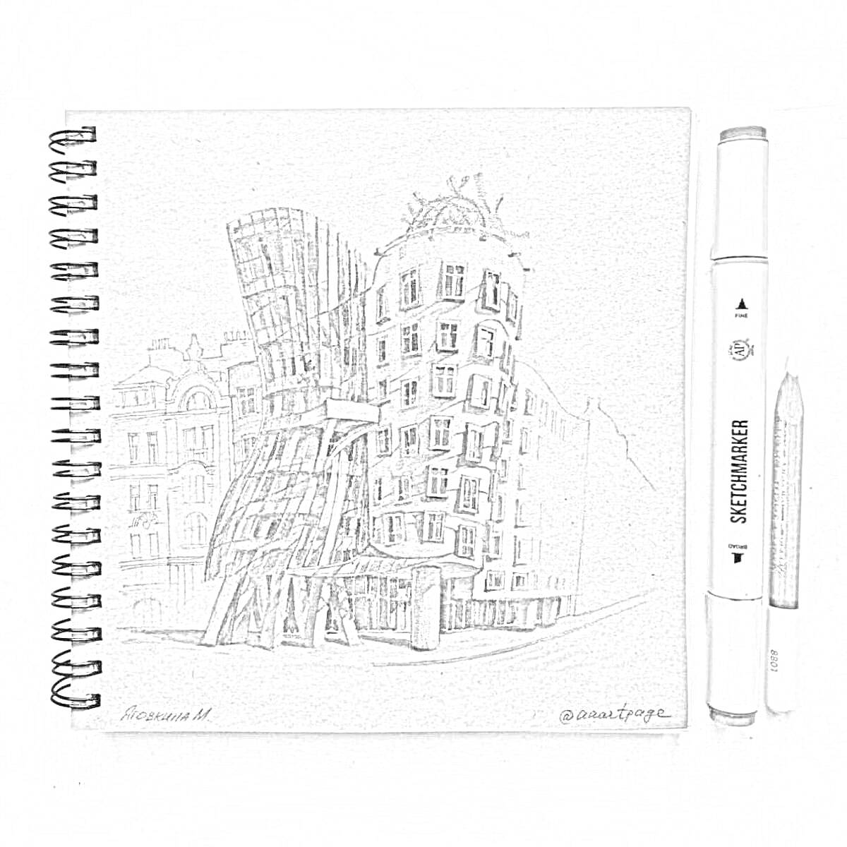 Раскраска Скетч альбома с рисунком необычного здания, маркер и карандаш