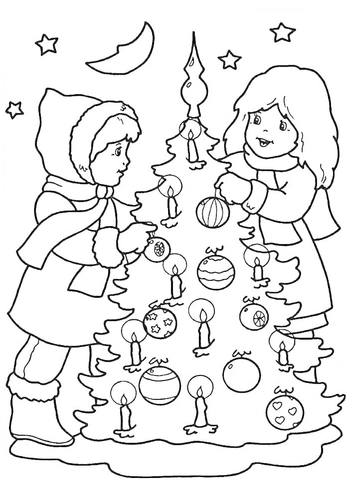 Раскраска Дети украшают новогоднюю ёлку игрушками и свечами под звездами и луной