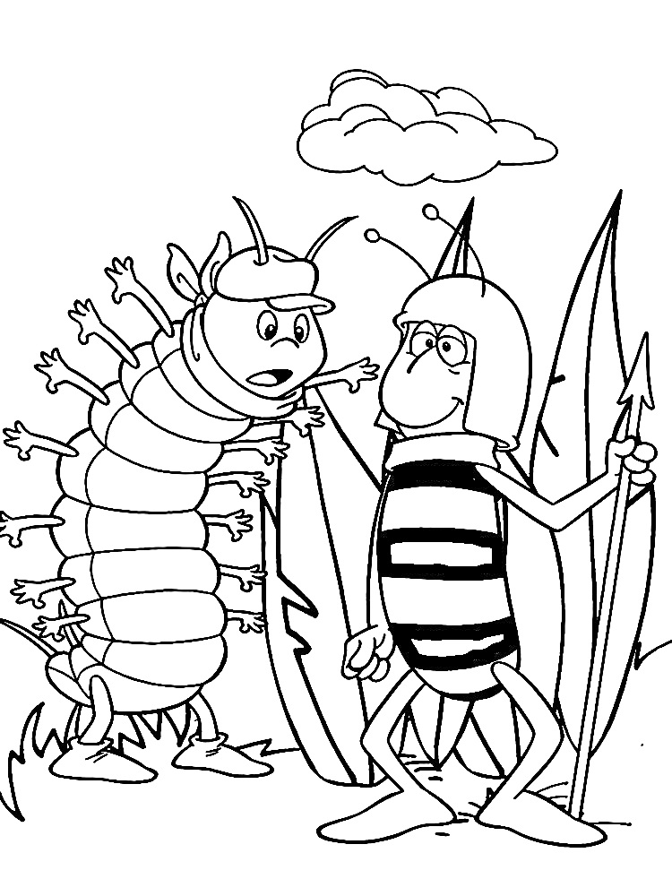 На раскраске изображено: Пчелка майя, Растения, Листья, Облака, Насекомое, Пчёлы