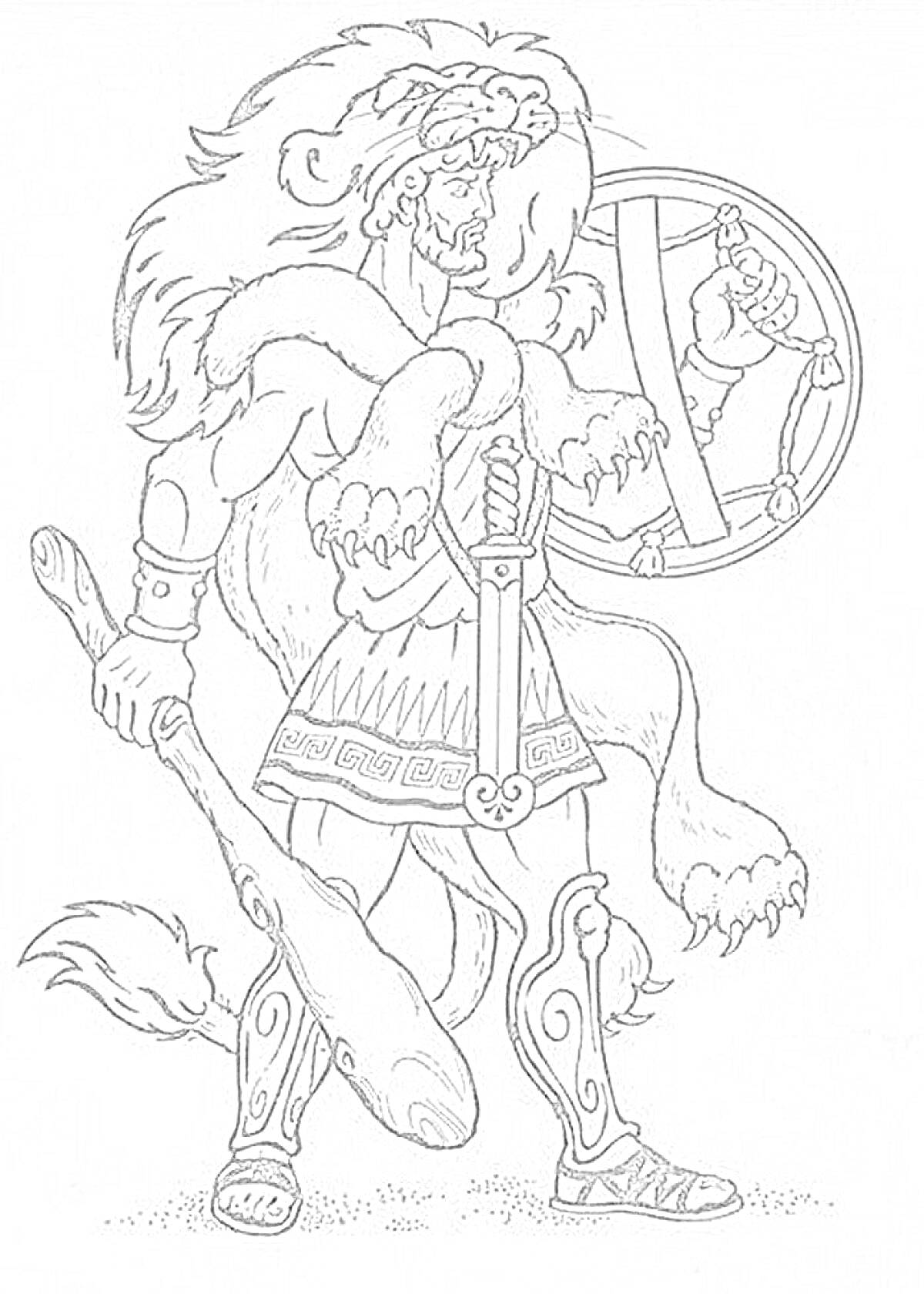 Раскраска Герой Геракл в львиной шкуре с булавой и щитом