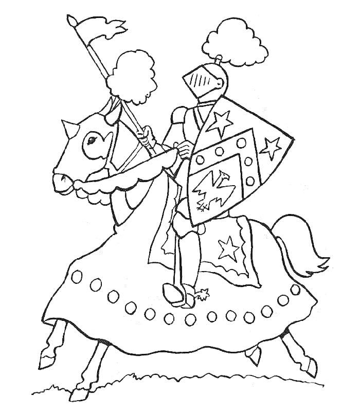 На раскраске изображено: Лошадь, Щит, Средневековье, Доспехи, Флаг, Копья, Рыцари
