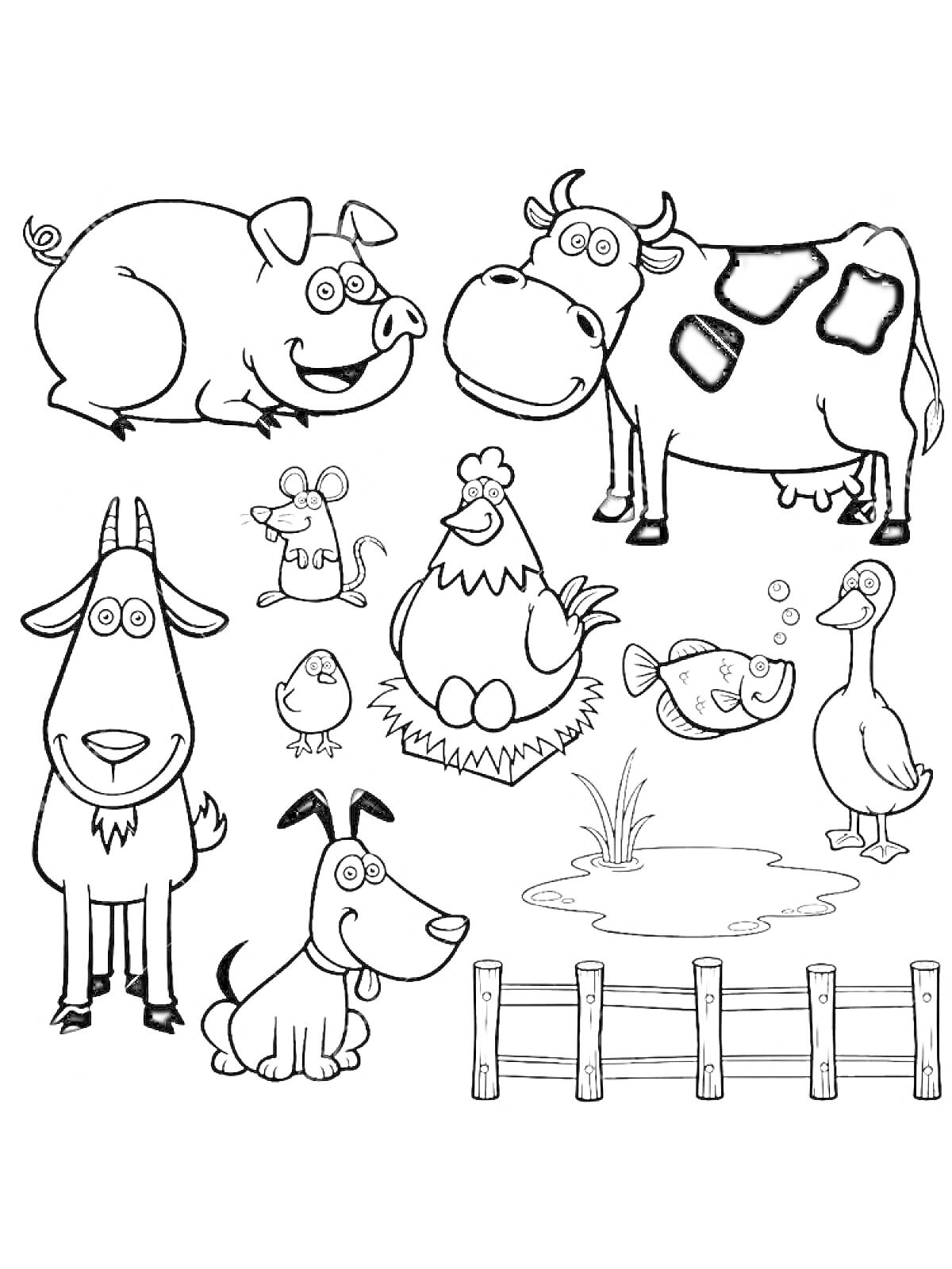 На раскраске изображено: Ферма, Корова, Козел, Утка, Мышь, Рыба, Собака, Пруд, Забор, Животные, Курицы, Свиньи, Цыплята
