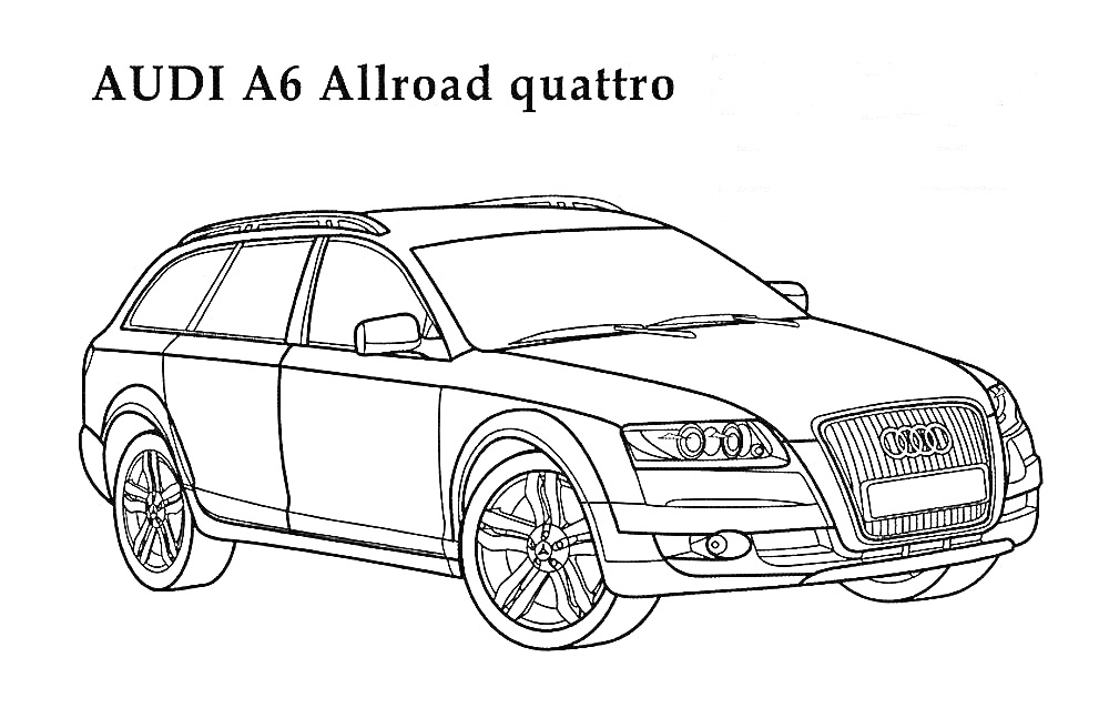 Раскраска с изображением Audi A6 Allroad quattro. На картинке изображен автомобиль Audi A6 Allroad quattro в виде контурного рисунка для раскрашивания.