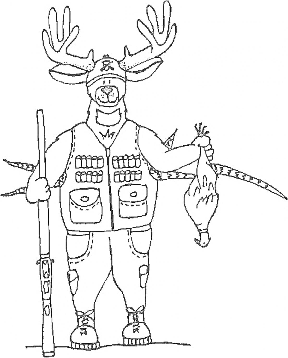 Раскраска Охотник в жилете с ружьем, с трофеем и рогатым головным убором.