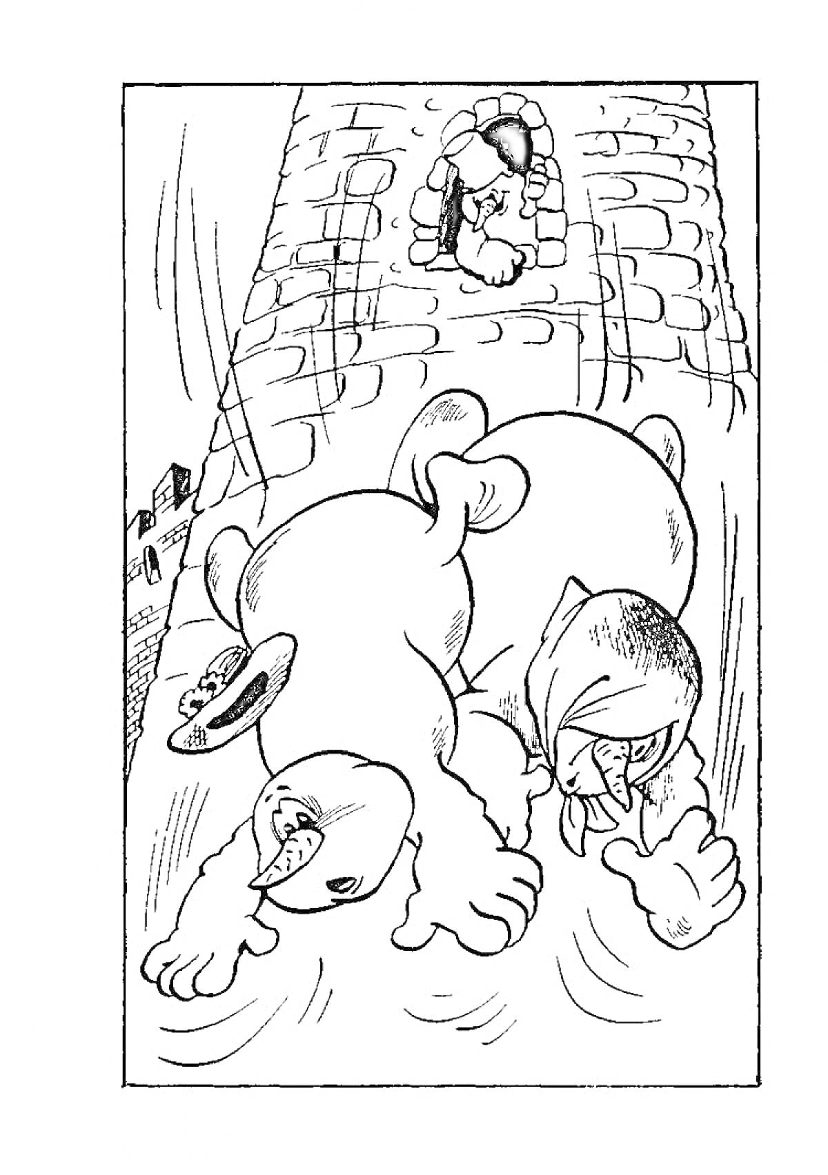 На раскраске изображено: Мальчик, Кирпичи, Стена, Существо, Окна, Башни